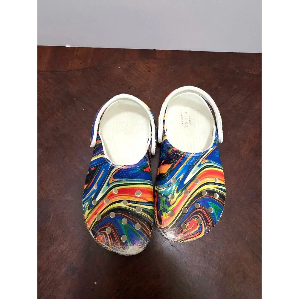 CROCS Classic Clogs Kids Multicolor Psychedelic Swirl Pattern Comfort Shoes Size
